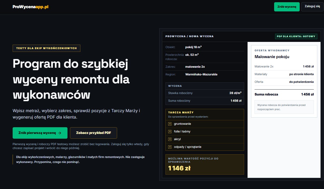 Widok aplikacji ProWycena z formularzem wyceny remontu i podglądem oferty PDF